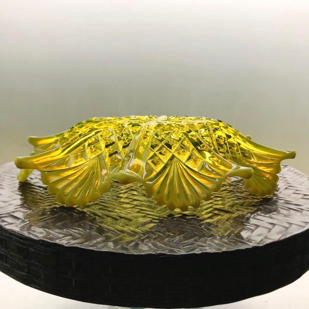 骨董 時代プレス 乳白色暈しカナリアイエロー 切子調プレス プレート