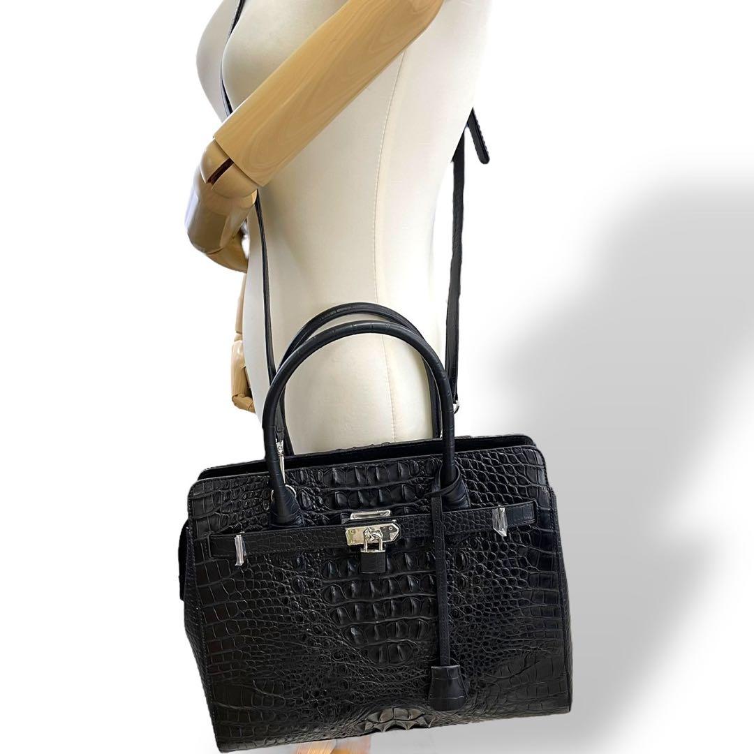 新品未使用　ロダニア　カイマン　クロコダイル　2way ハンドバッグ　レザー　黒