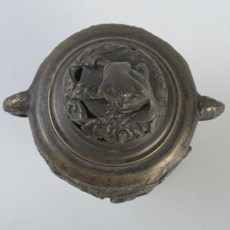 中国 古銅宣徳銅 獅子摘 龍鳳凰刻 蓋爐 香炉 V 9622