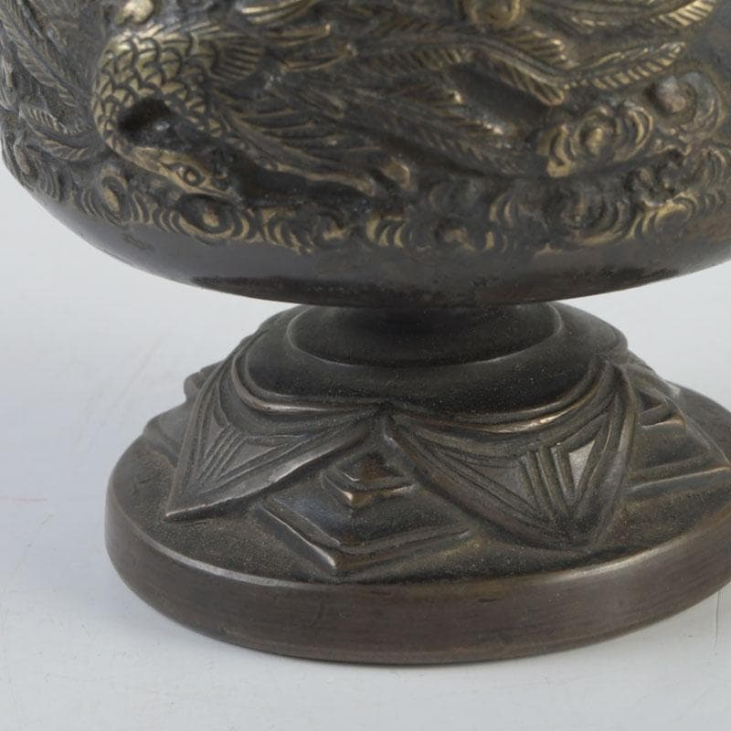 中国 古銅宣徳銅 獅子摘 龍鳳凰刻 蓋爐 香炉 V 9622