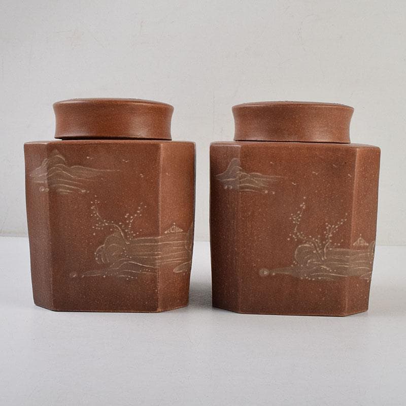 中国 紫砂 朱泥 山水漢詩文 一対 茶入 茶壷 在銘 V R9473