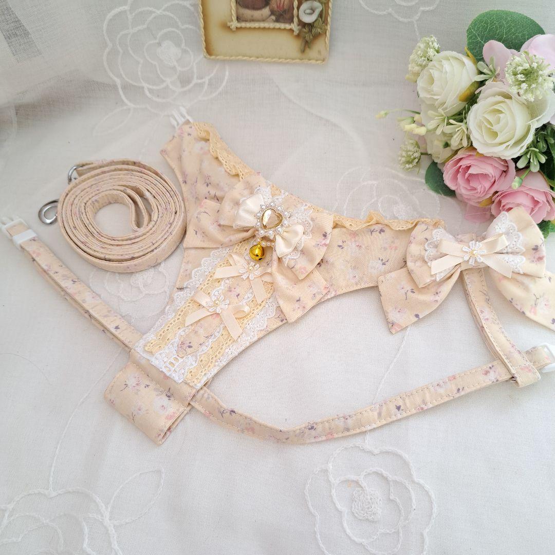 胸当てタイプハーネス(クリームローズ)&リードセット、わんちゃん猫