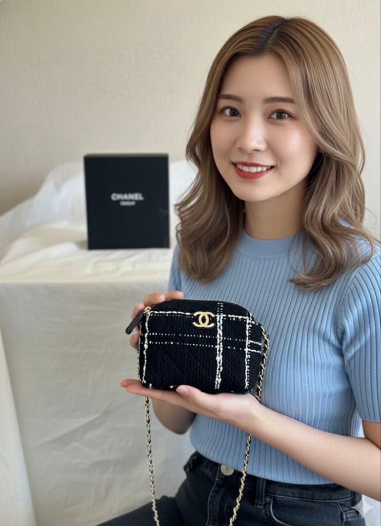 CHANELシャネル ノベルティ チェーン ショルダーバッグ ツイード ブラック