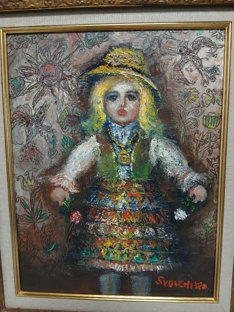 油彩画　人形　F6号『竹中　尚一郞』作者　・額サイズ495×590 ゴールド