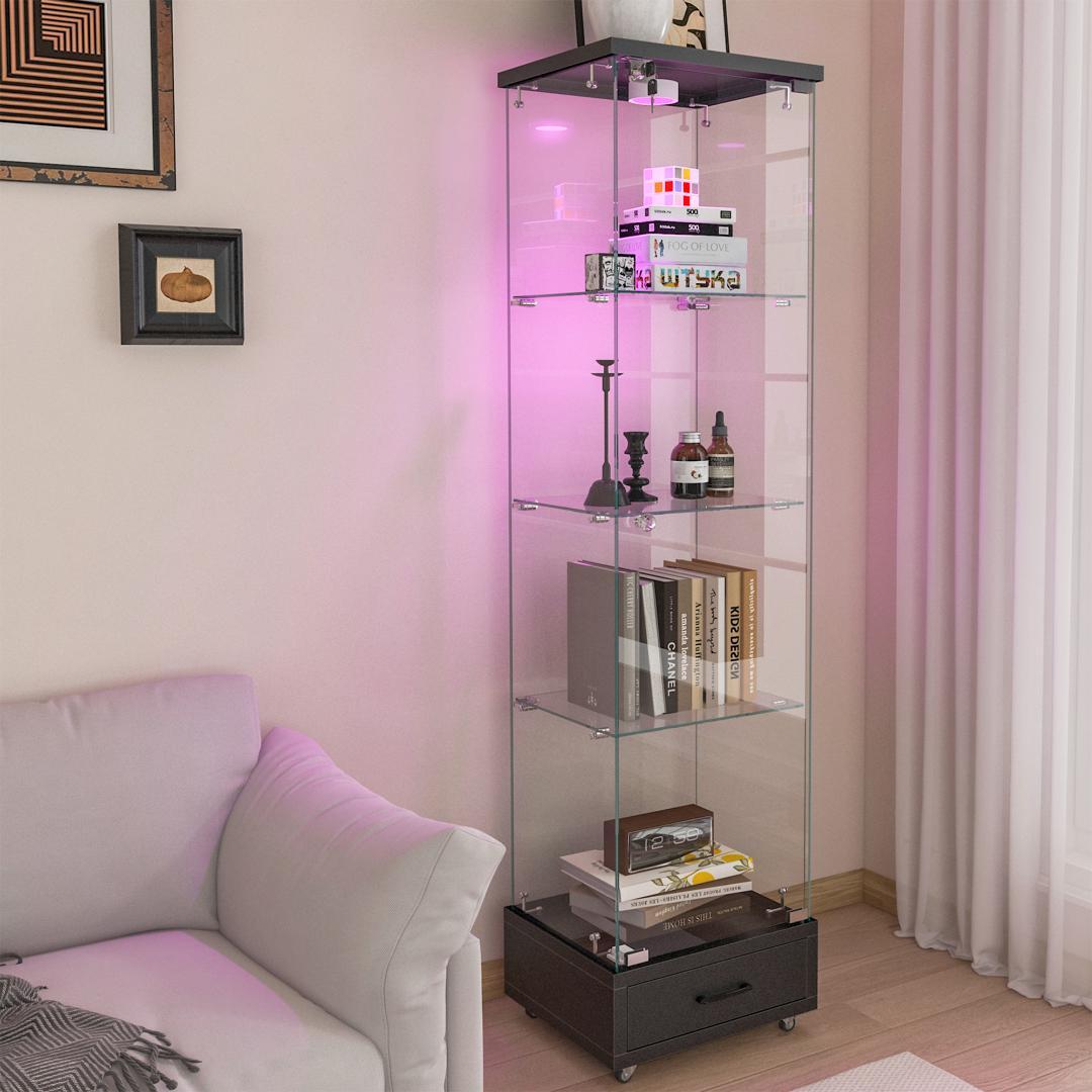 ブラック LED照明＆引き出し付き ガラスディスプレイキャビネット