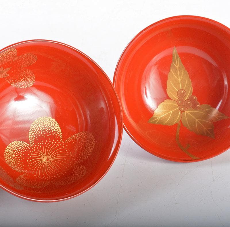 輪島塗　三谷吾一・井波唯志など特選五作家　朱盃　五客　共箱　F　R4348