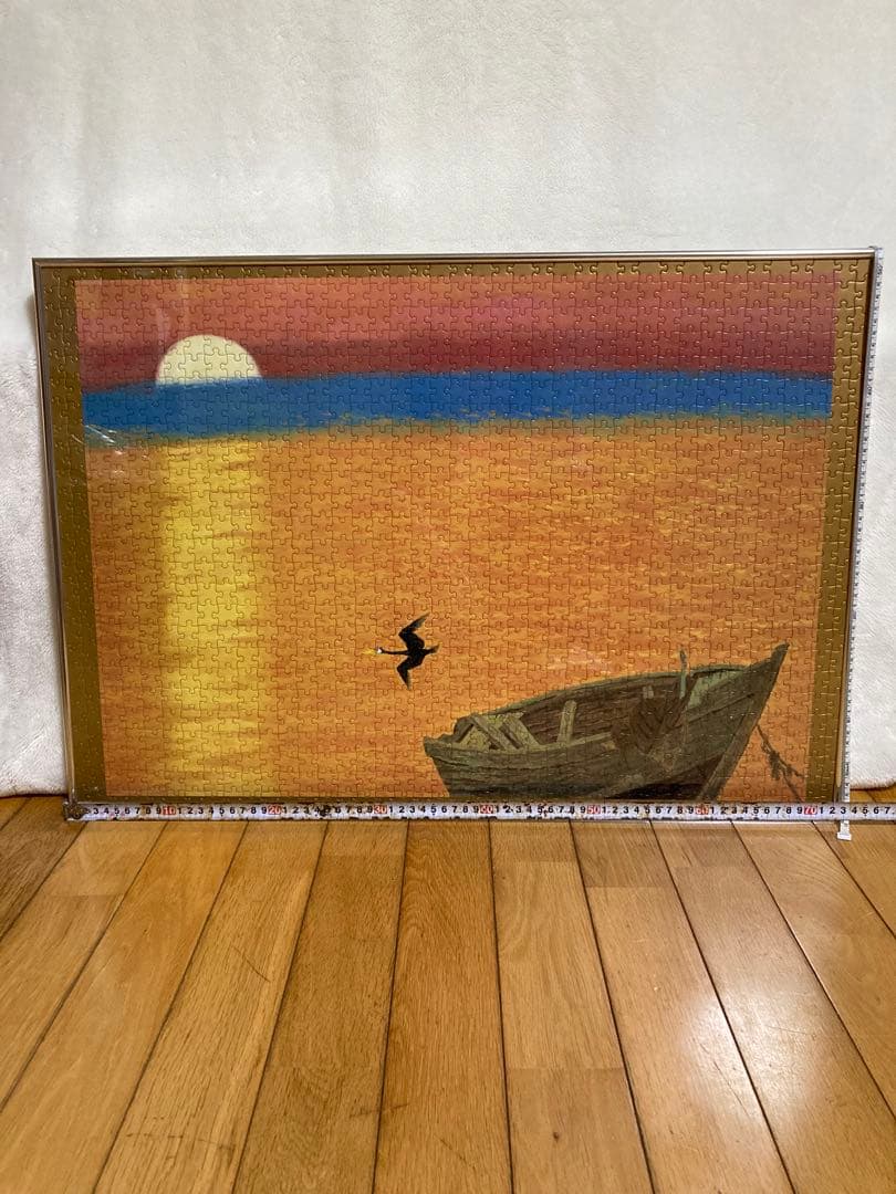 千P⑫夕日にボートと鳥 ジグソーパズル 金属額 長良川の鵜飼？夕暮れに飛ぶ