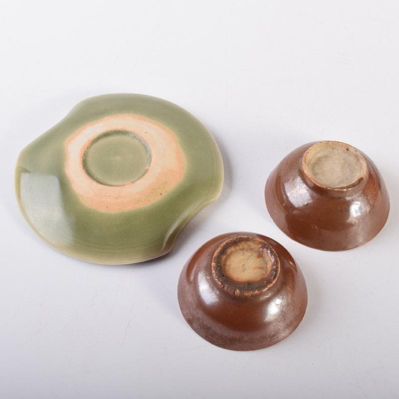中国 唐物 龍泉窯 青磁盃台 柿釉煎茶器2客 三点