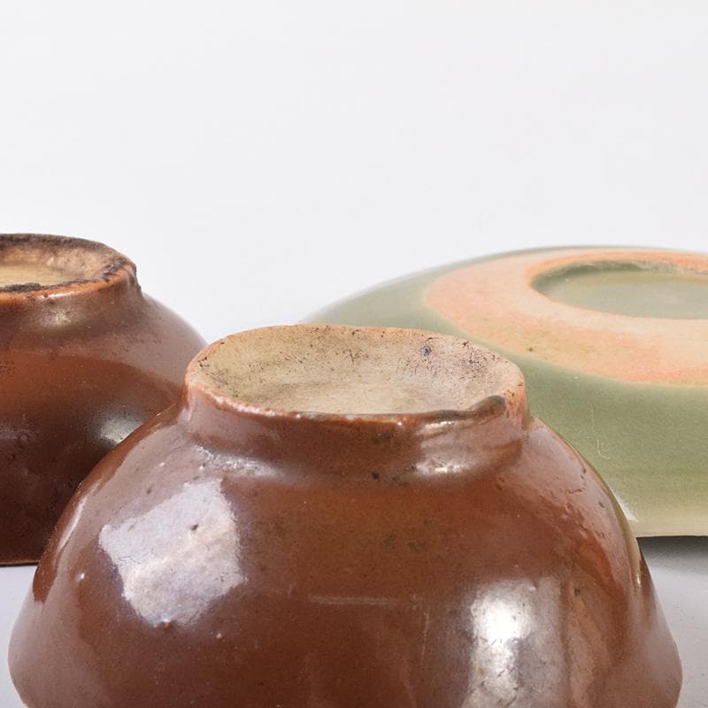 中国 唐物 龍泉窯 青磁盃台 柿釉煎茶器2客 三点