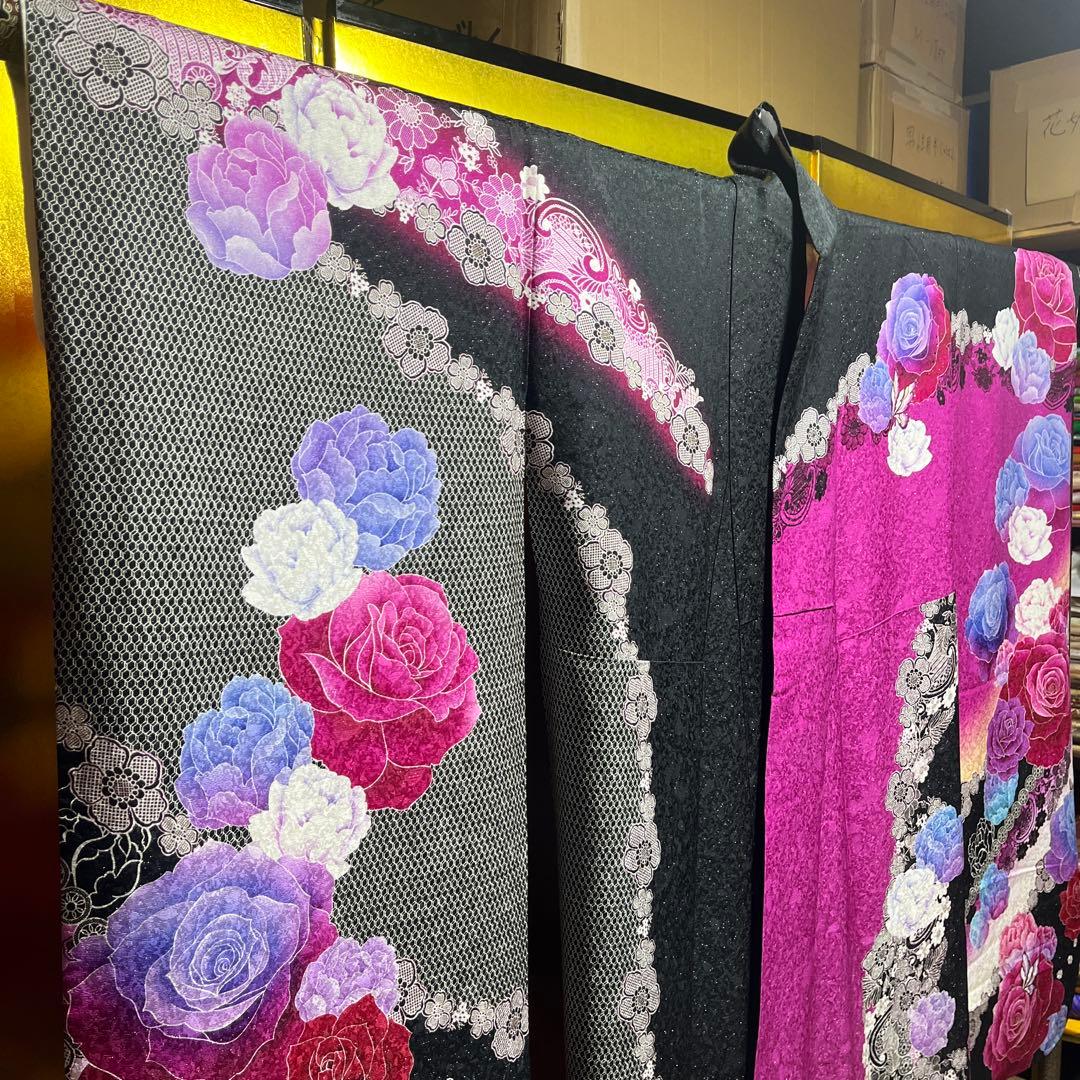 振袖 正絹 成人式 黒 ローズピンク