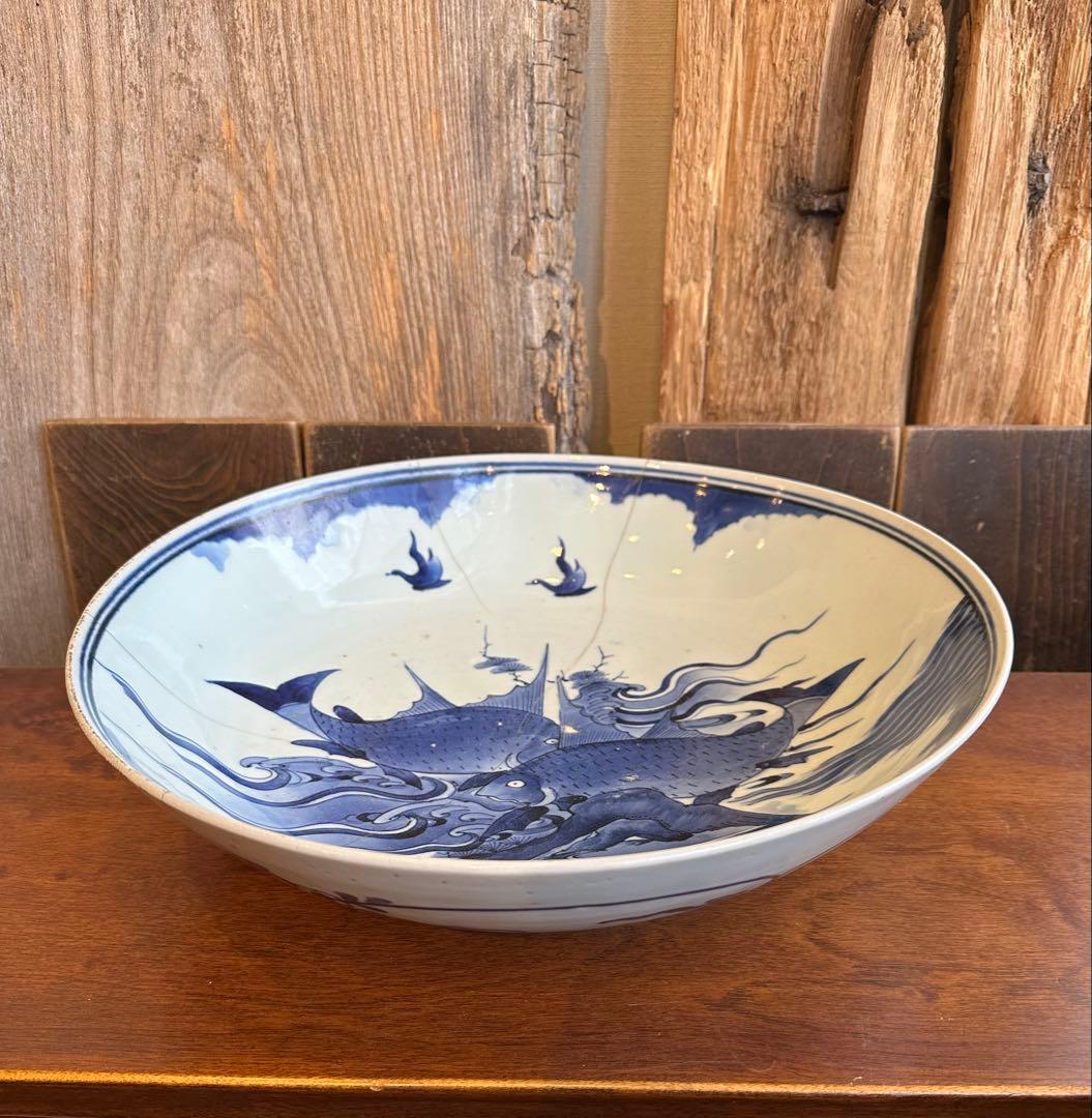 古伊万里　魚紋様　染付　大皿　江戸時代中期　有田焼き