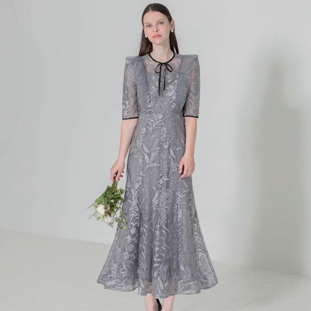 Leja レジャ 刺繍レース配色パイピングショルダーフリルドレス　S 結婚式