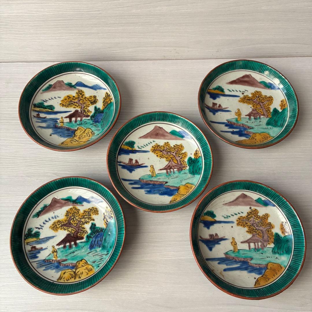 【1枚割れあり】九谷焼　吉田屋窯　小皿　角福　山水　青手　年代物　共箱　和食器