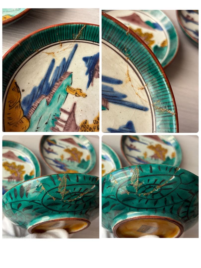 【1枚割れあり】九谷焼　吉田屋窯　小皿　角福　山水　青手　年代物　共箱　和食器