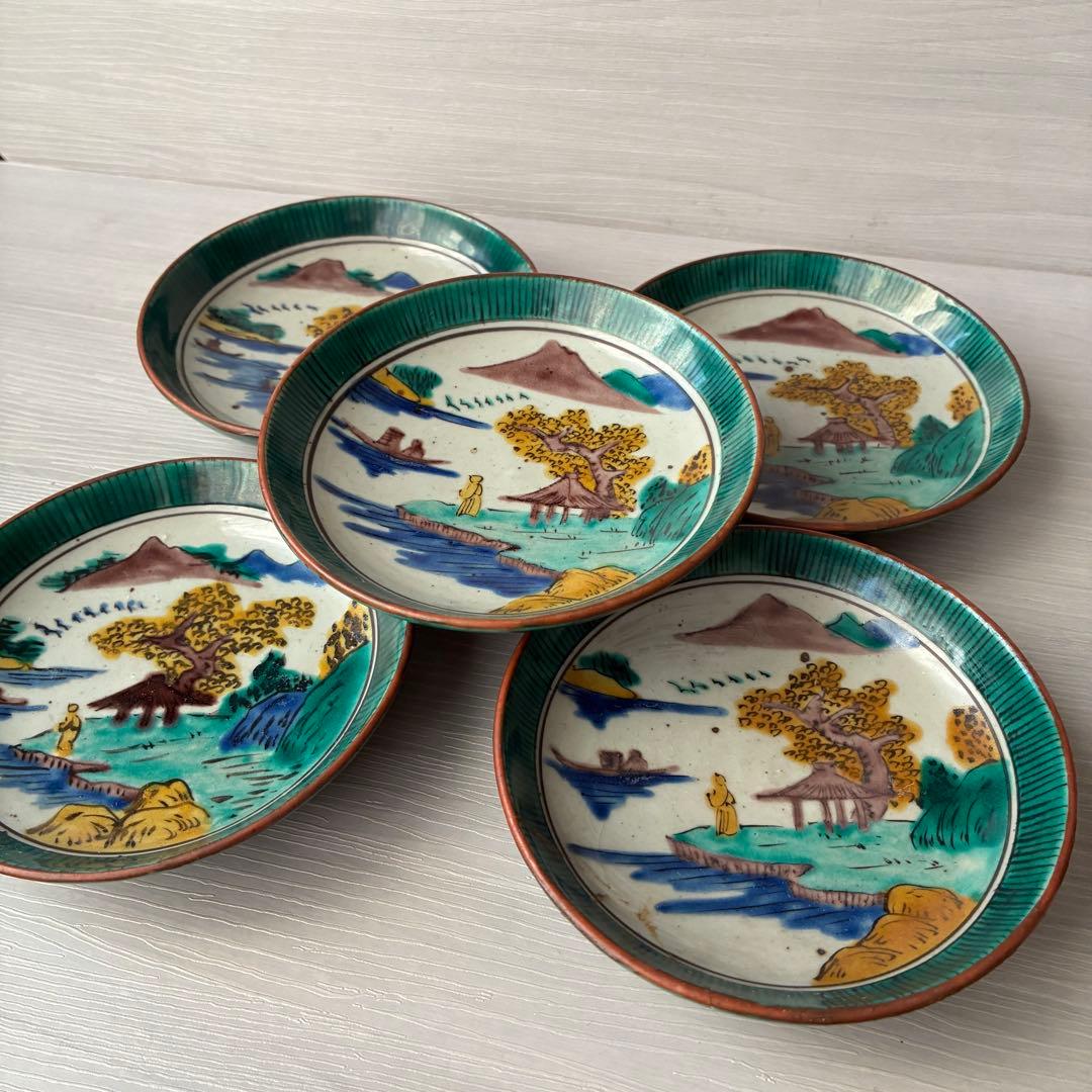 【1枚割れあり】九谷焼　吉田屋窯　小皿　角福　山水　青手　年代物　共箱　和食器