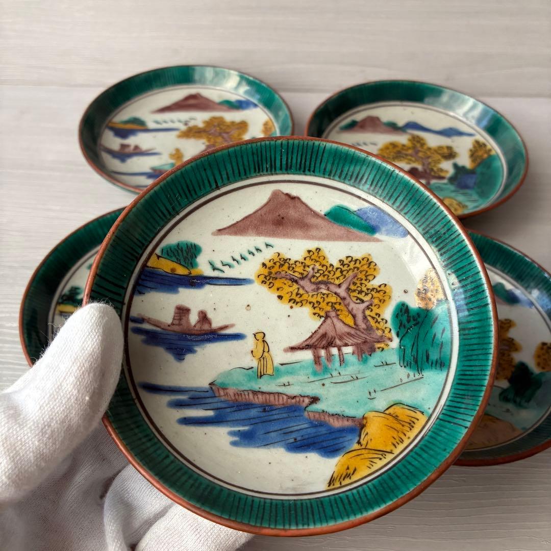 【1枚割れあり】九谷焼　吉田屋窯　小皿　角福　山水　青手　年代物　共箱　和食器