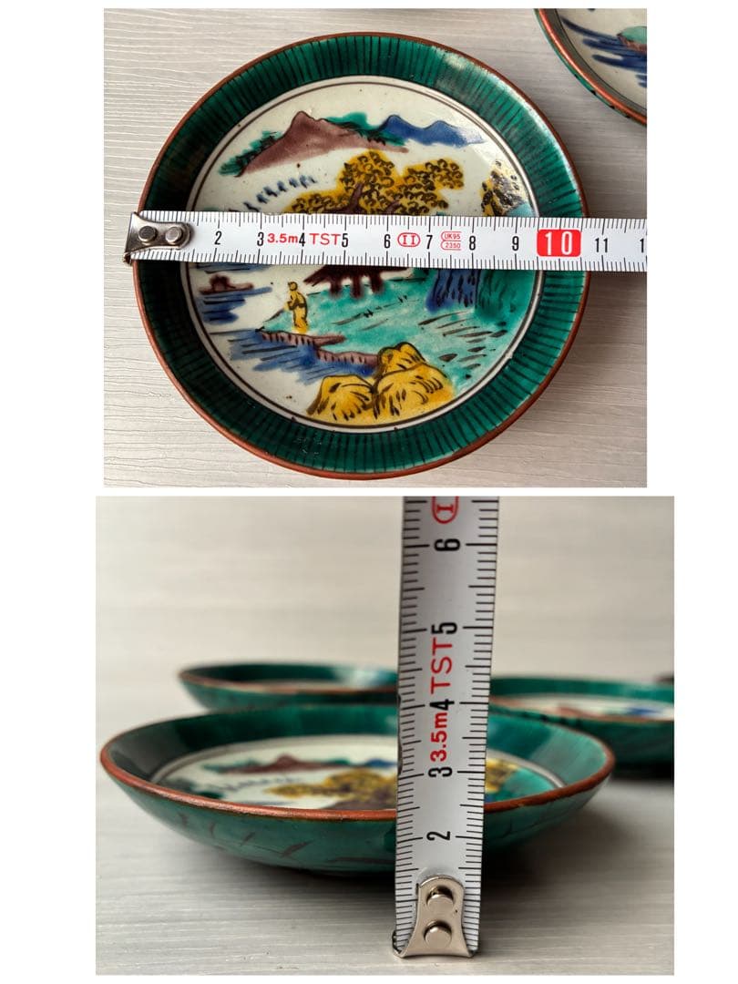 【1枚割れあり】九谷焼　吉田屋窯　小皿　角福　山水　青手　年代物　共箱　和食器