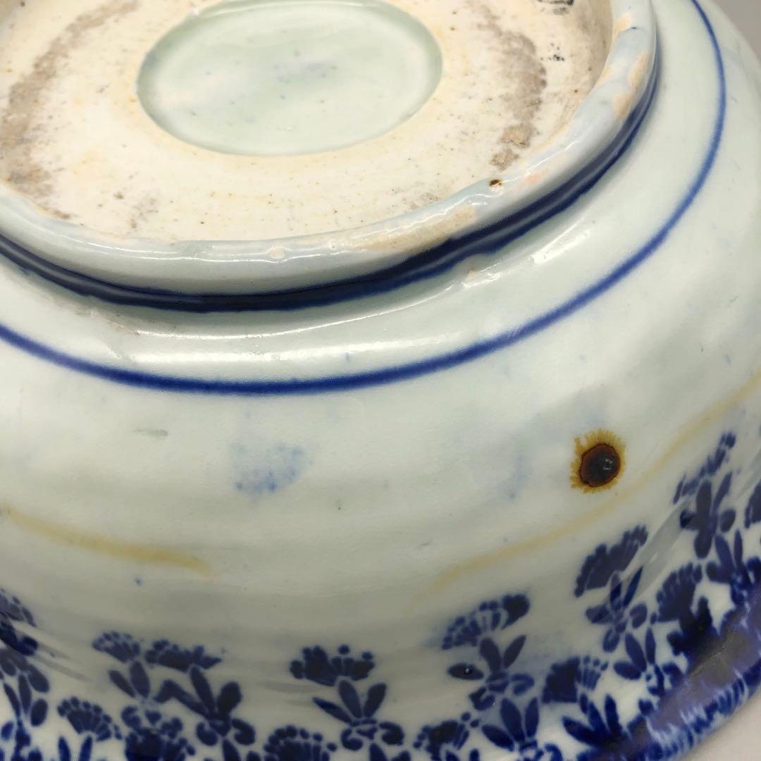 明治時代古伊万里渦巻き花微塵唐草文様ベロ藍印判手鉢ボウル26cm伊万里