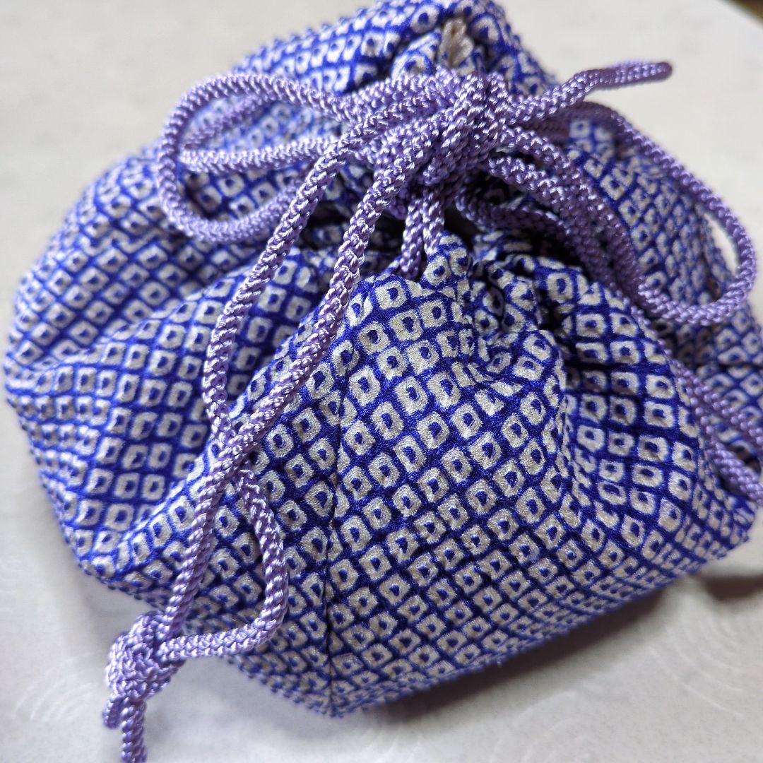 七五三３歳正絹総絞り手縫いの被布と巾着(被布丈47㌢）青色