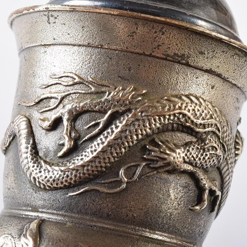 中国　白銅　龍神獣刻　純銀火屋約18g付　三つ足香炉　U　R8073