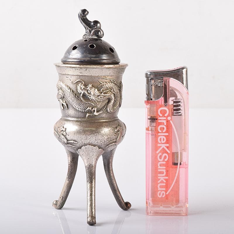 中国　白銅　龍神獣刻　純銀火屋約18g付　三つ足香炉　U　R8073