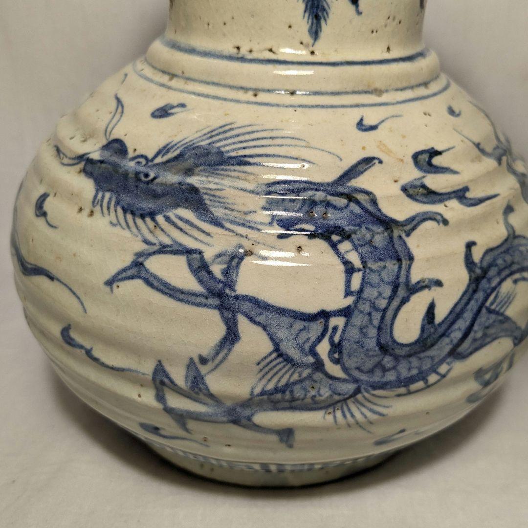 明治大正期 伊万里焼 染付雲龍文耳付花瓶 有田焼 花入 花器 フラワーベース