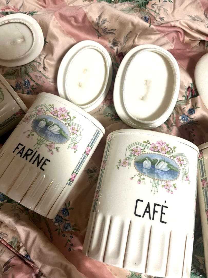 お値下げ フランスアンティーク 小花&バラ&白鳥 キャニスター 4Pセット