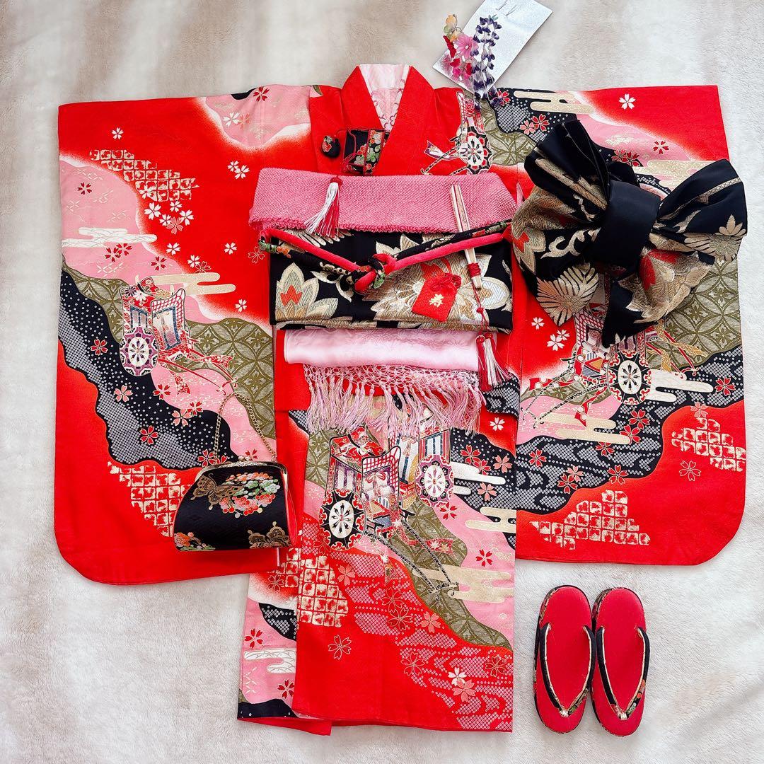 七五三　7歳　四つ身　正絹　子供　着物　作り帯　女の子　長襦袢　フルセット