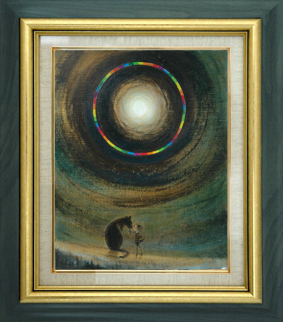 油絵 菅家令子絵 絵画インテリア額付(白) F3-051821 祈り犬猫 女の子