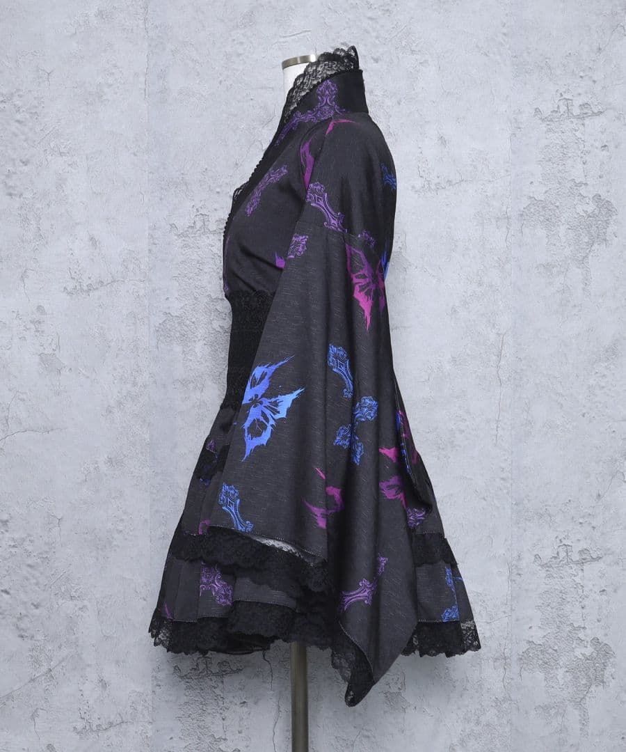 amilige クロス蝶々総柄 浴衣ワンピース＋帯セット ブラック×ブルー