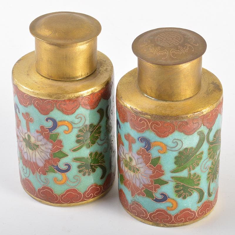 中国　古七宝琺瑯彩　花文　茶入　一對　M　R6636