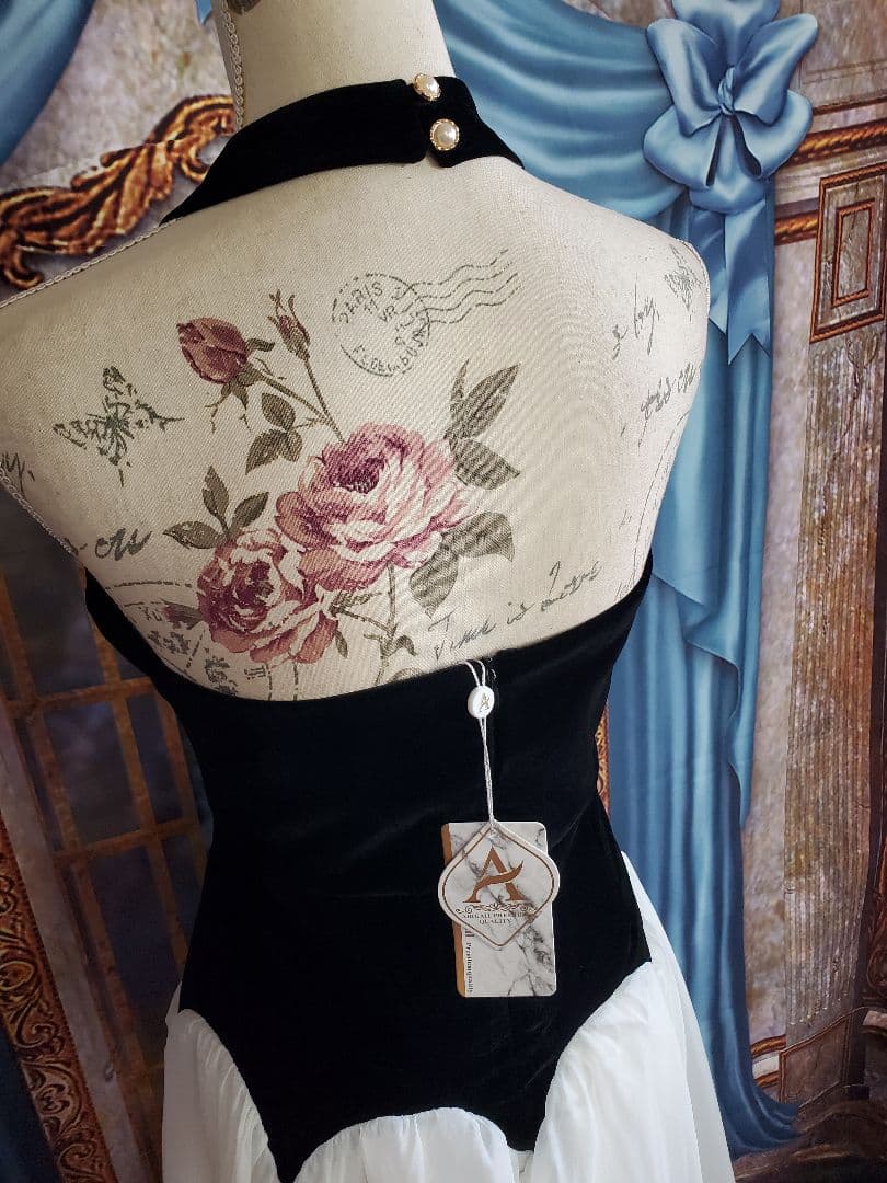 L【新品インポートセレクト】ベロア×オーガンジー ホルターネックドレス×ブラック