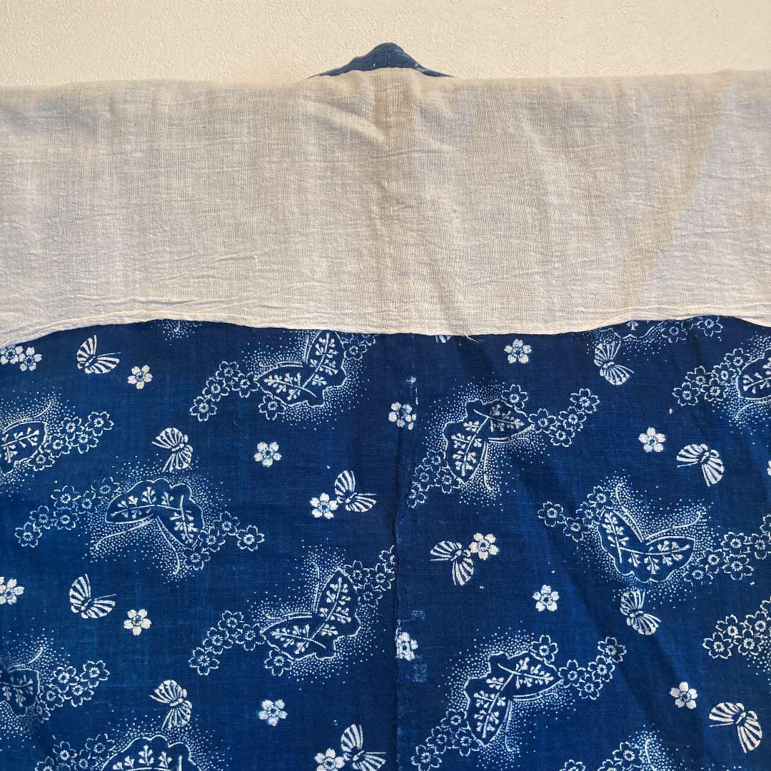 古布 半襦袢 両面染め 型染 藍染 蝶々 桜