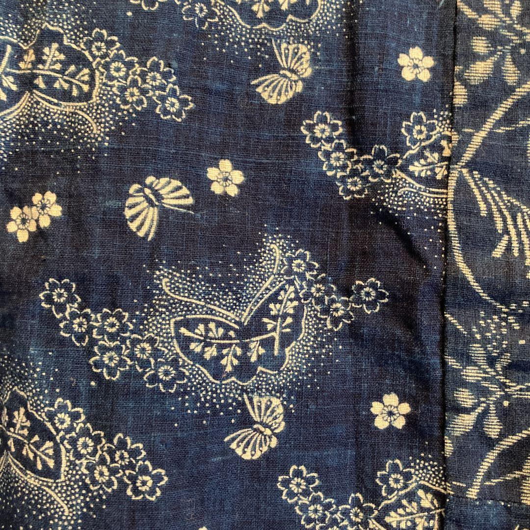 古布 半襦袢 両面染め 型染 藍染 蝶々 桜