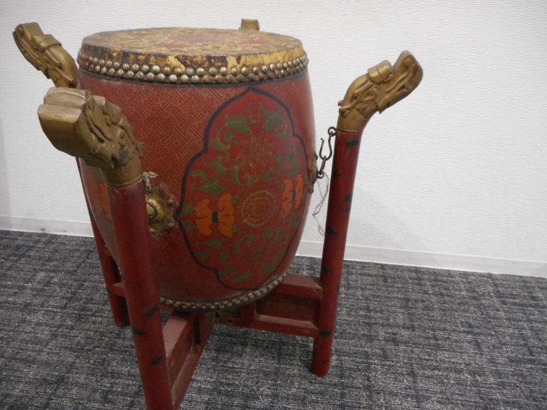 保管品 中国伝統楽器】堂鼓（タングー、両面太鼓）（専用スタンド