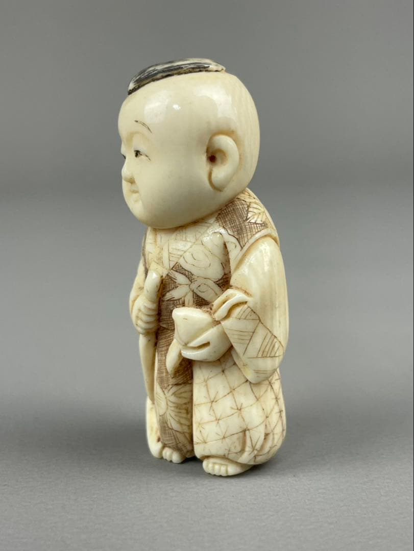 明治期 人物根付 二体揃 在銘「千広」「白之」 牙風彫刻 時代