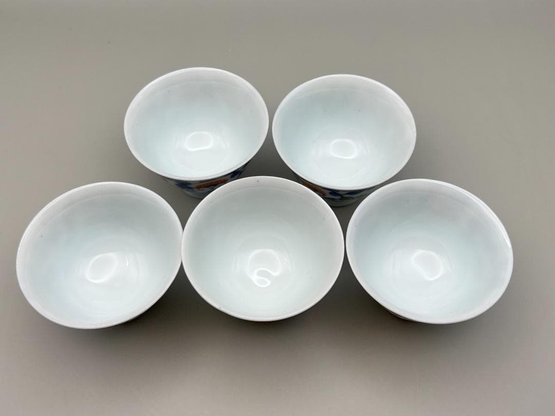 【海】古染付　清時代　豆彩　缠枝莲文茶杯　「長春」在銘　５客　骨董品 中国美術品