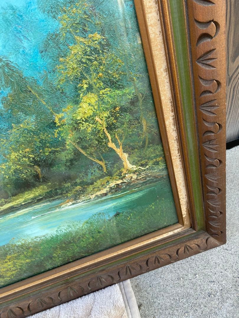 風景画　油彩　木製フレーム付　山水画　特大　大判　アンティーク　絵画