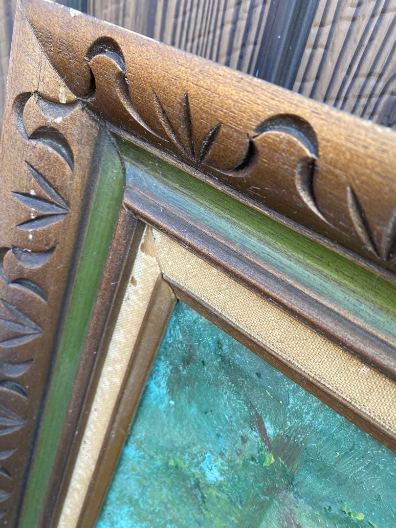 風景画　油彩　木製フレーム付　山水画　特大　大判　アンティーク　絵画