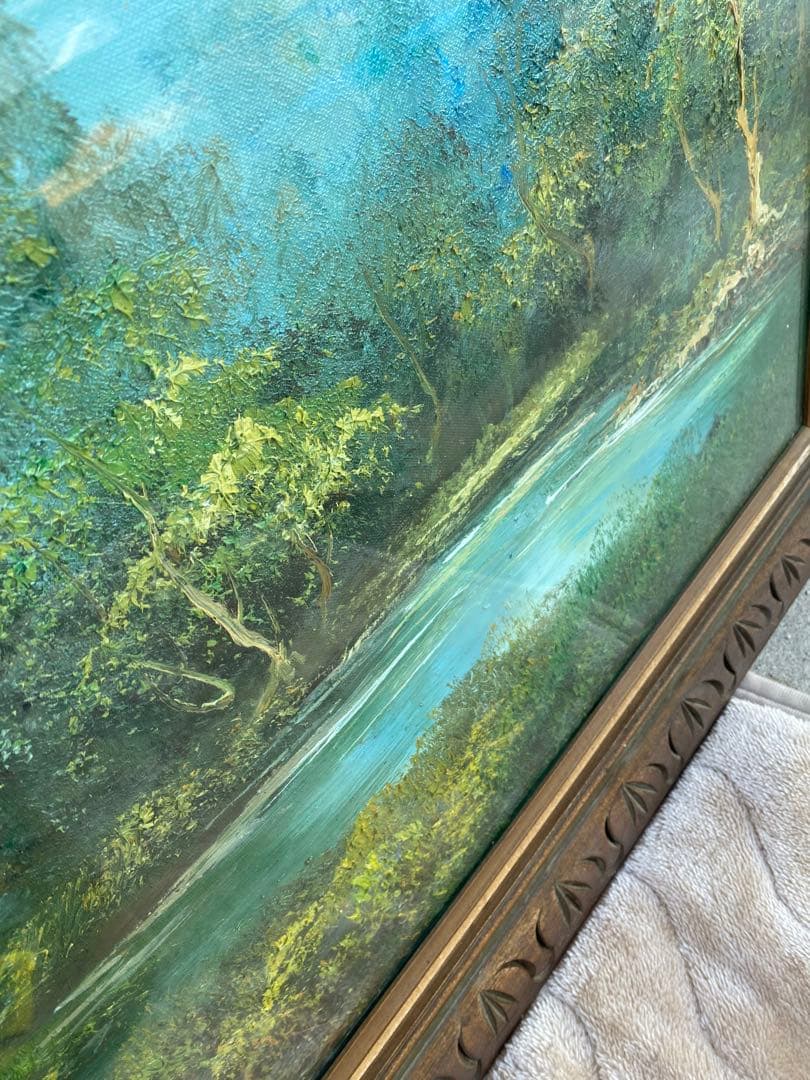 風景画　油彩　木製フレーム付　山水画　特大　大判　アンティーク　絵画