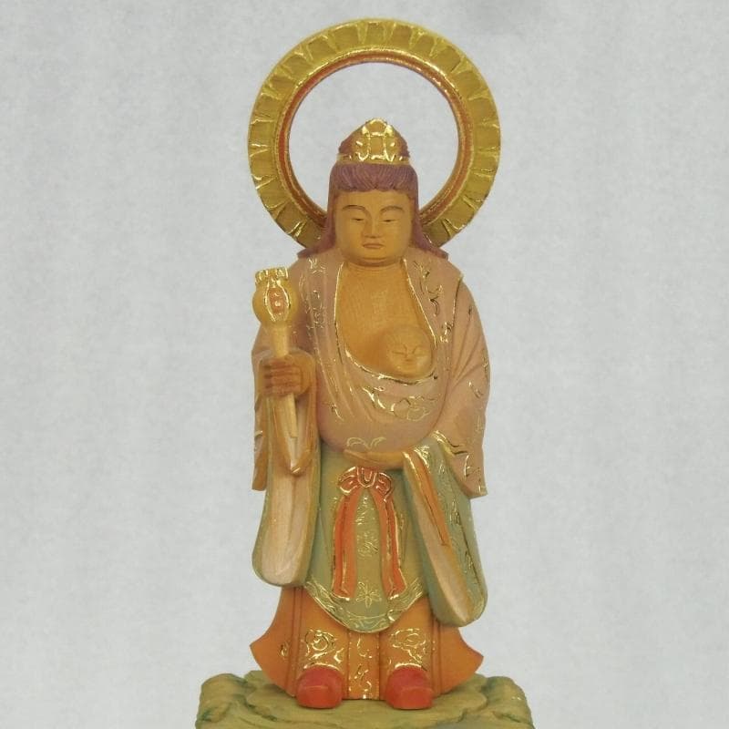 中間決算大特価優しいお顔★桧材 子安鬼子母神3.5寸 淡彩色★約21.5cm