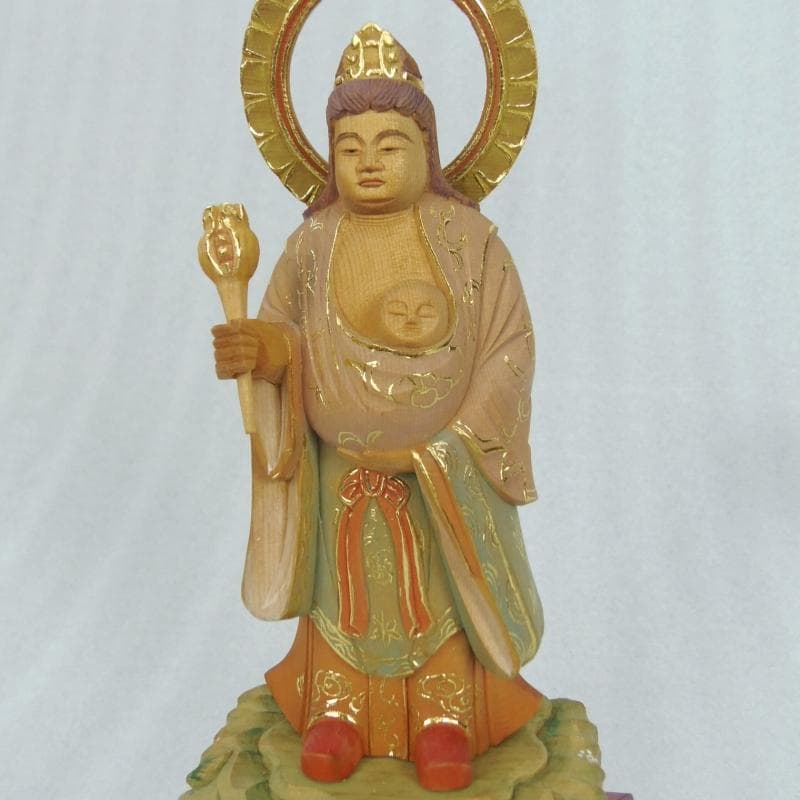 中間決算大特価優しいお顔★桧材 子安鬼子母神3.5寸 淡彩色★約21.5cm