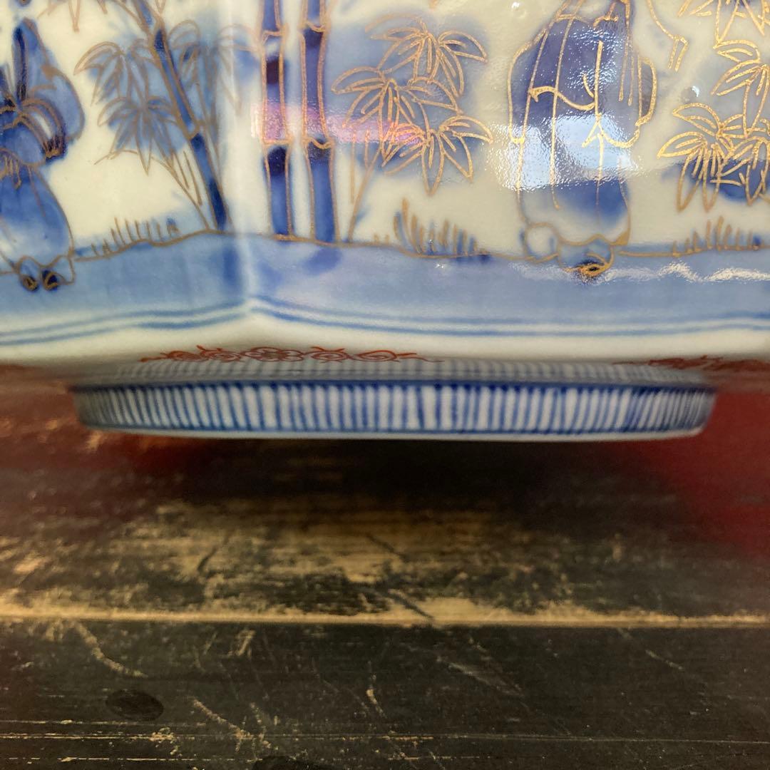 古伊万里 色絵金彩 八角鉢 龍鳳神獣蝶鹿竹林人物図 富貴長春 江戸期