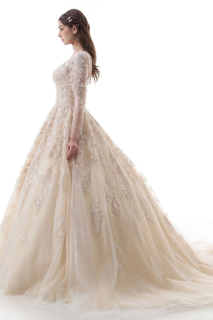 アイボリー　刺繍入り 長袖ウェディングドレス　フォトウェディング