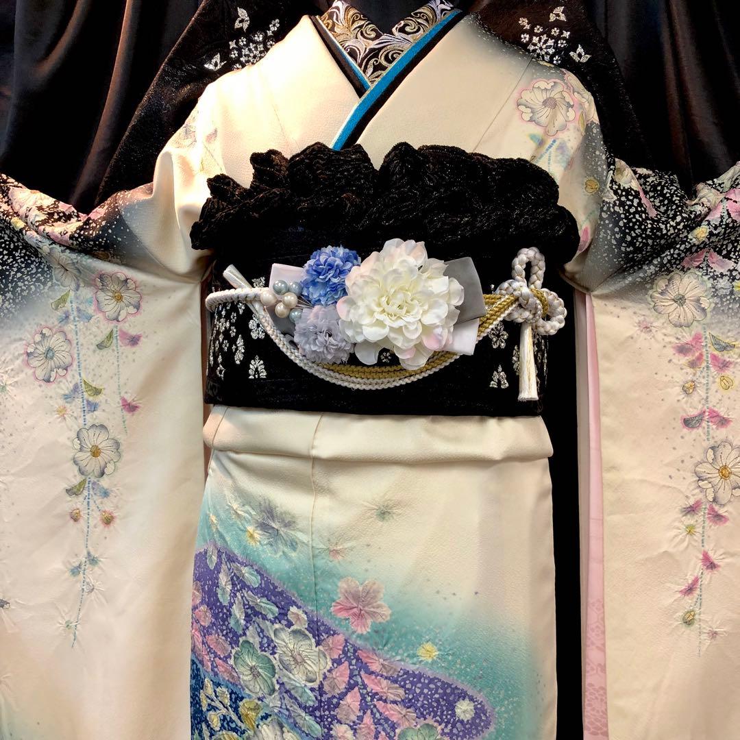 412z5☆振袖 銀通し 辻が花文様 バチ衿 落款 作家物☆美品 成人