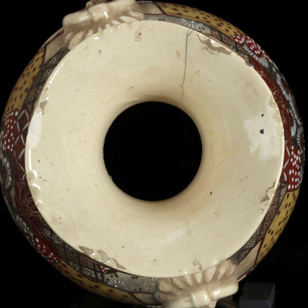 薩摩焼 色絵金彩 武者人物図大花瓶 54㎝ 耳付 飾壺 古美術