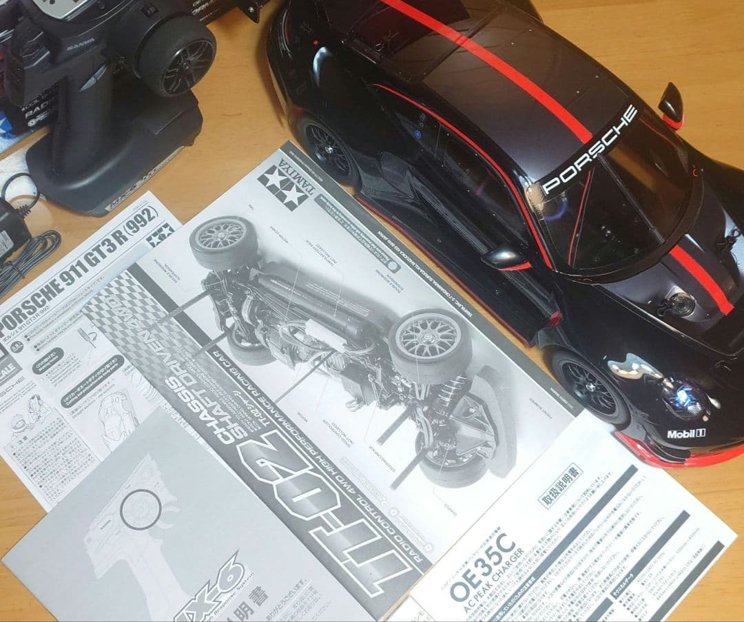 田宮RCポルシェ911GT3 R (992)LEDライト付＆プロポ充電器完成品