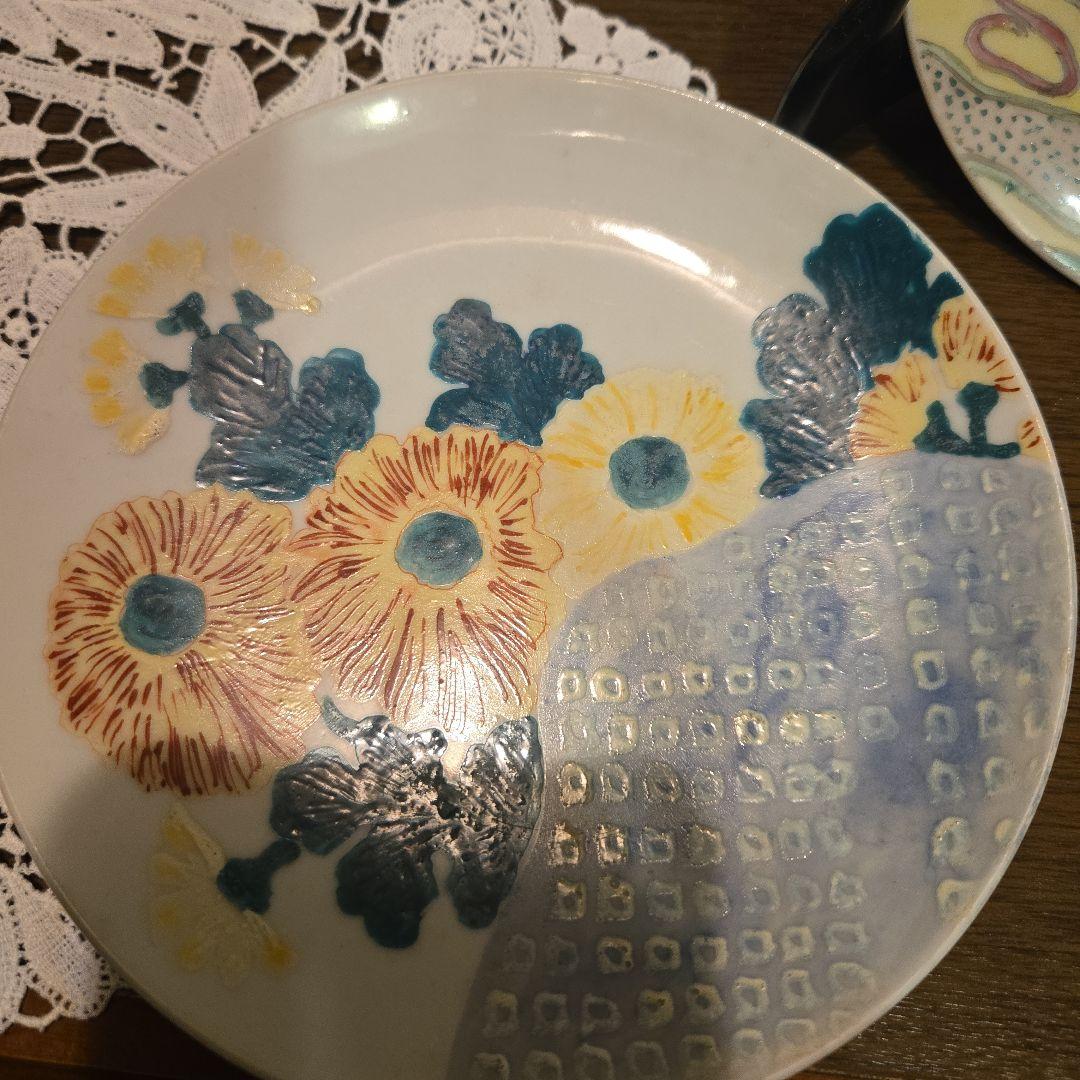 珍品 幻のさかい焼 二代目金田新平 更さ色絵陶絵皿二枚