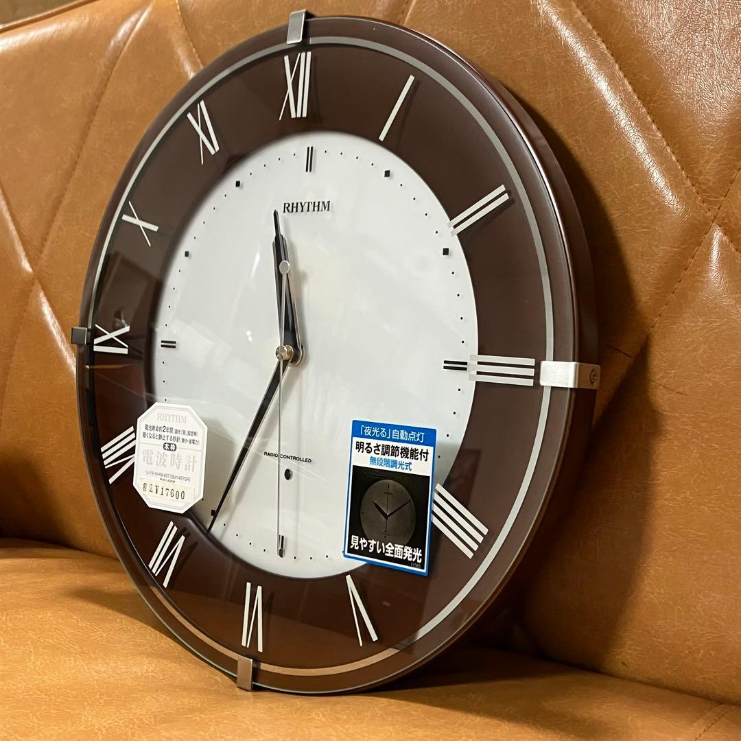 美品 RHYTHM 掛時計 ブラウン枠 リズム 電波 動作確認済 会社 事務所に