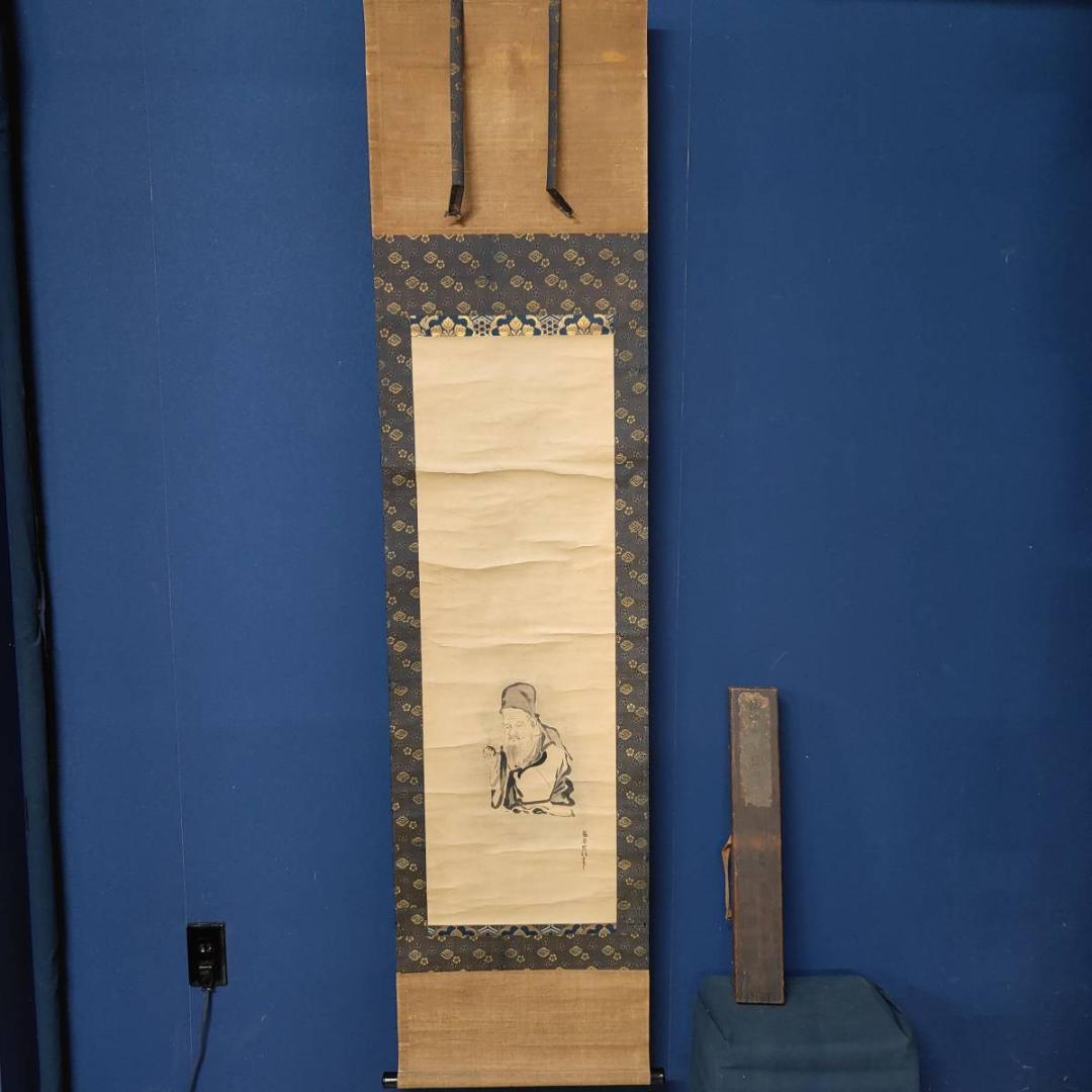 真作/狩野周信/寿老人図/極札付/江戸中期/桐時代箱付/布袋屋掛軸A-472